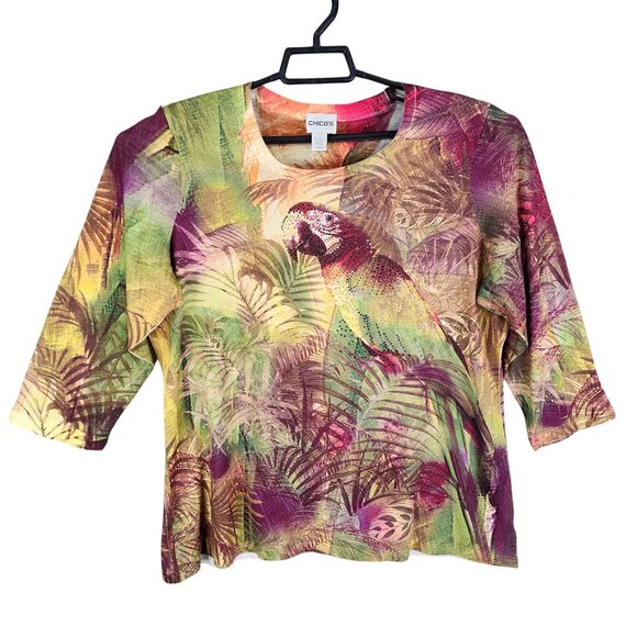 Womens Multicolor Chicos Tropical Top Blouse Parrot Print 3/4 Sleeve Size 3 - Picture 1 of 8